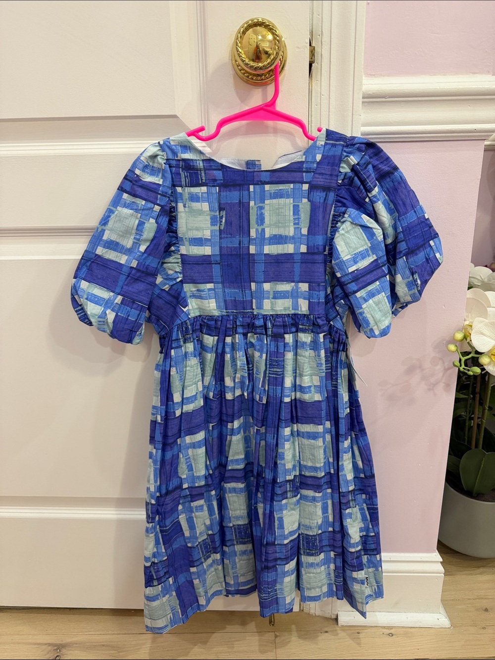 Blue Plaid Puff-Sleeve Kids Dress